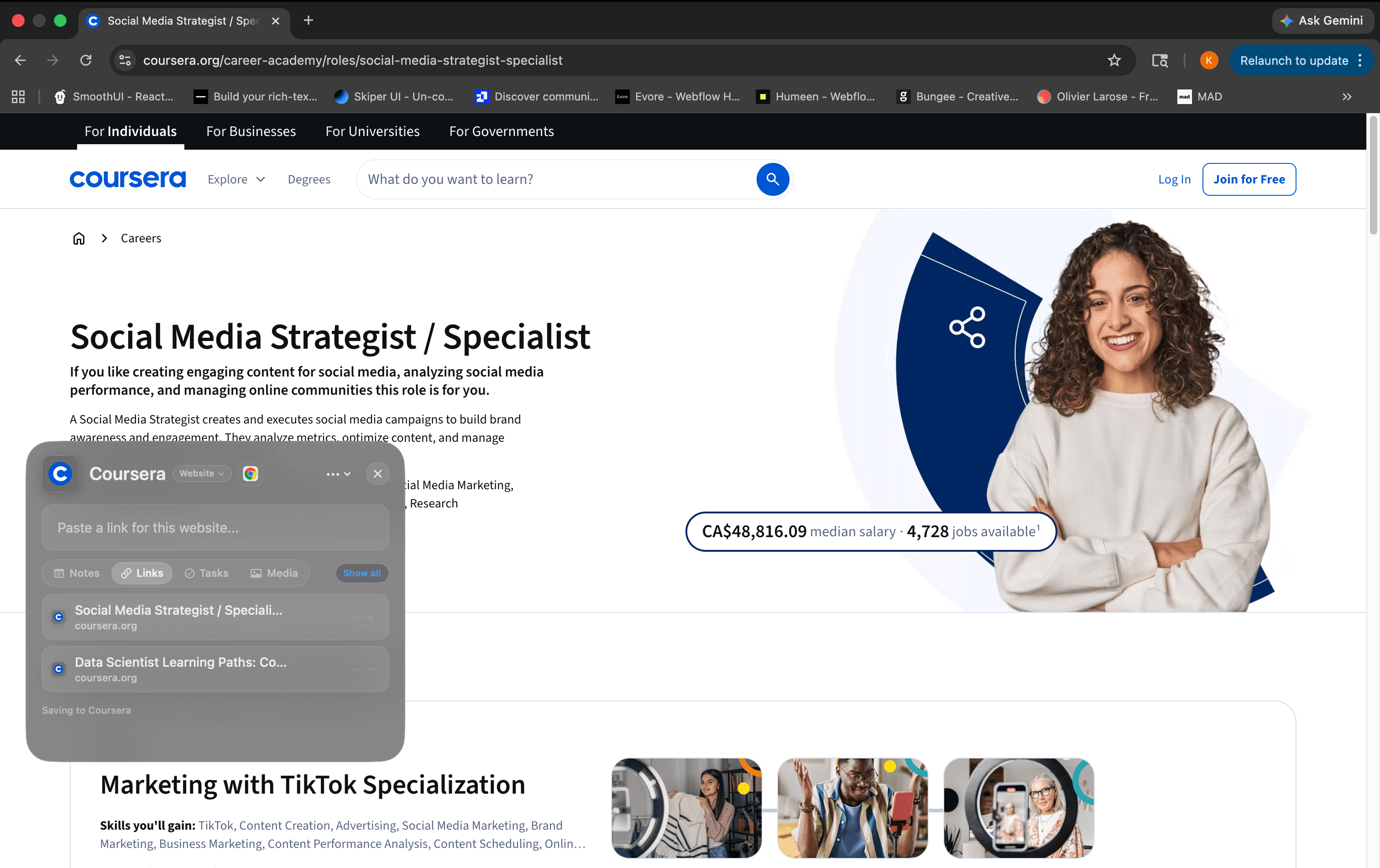 Coursera with CornerDock Quick Card open